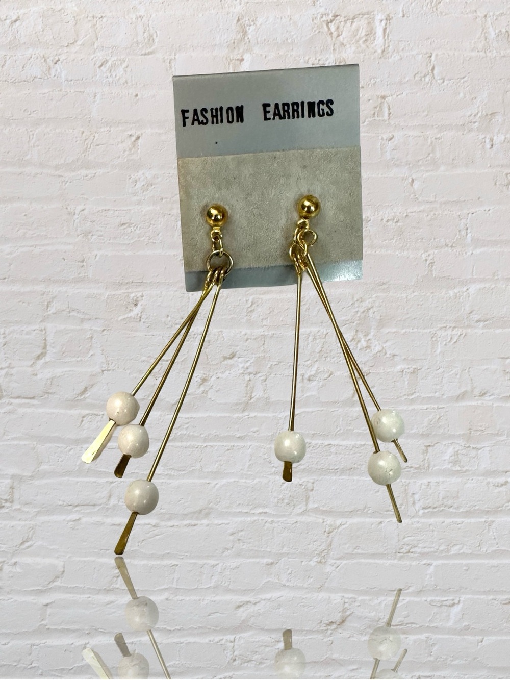 Unique Vintage Gold Dangle Earrings with White Beads